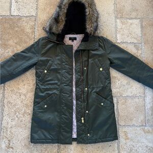 J. Crew Olive Utility Jacket with Faux Fur Hood